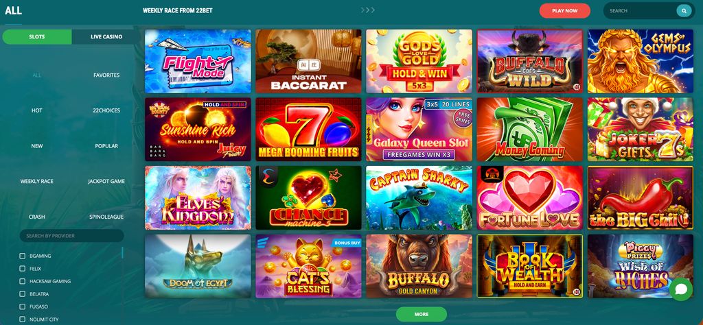 22Bet slots lobby with provider filters and mainstream slot titles