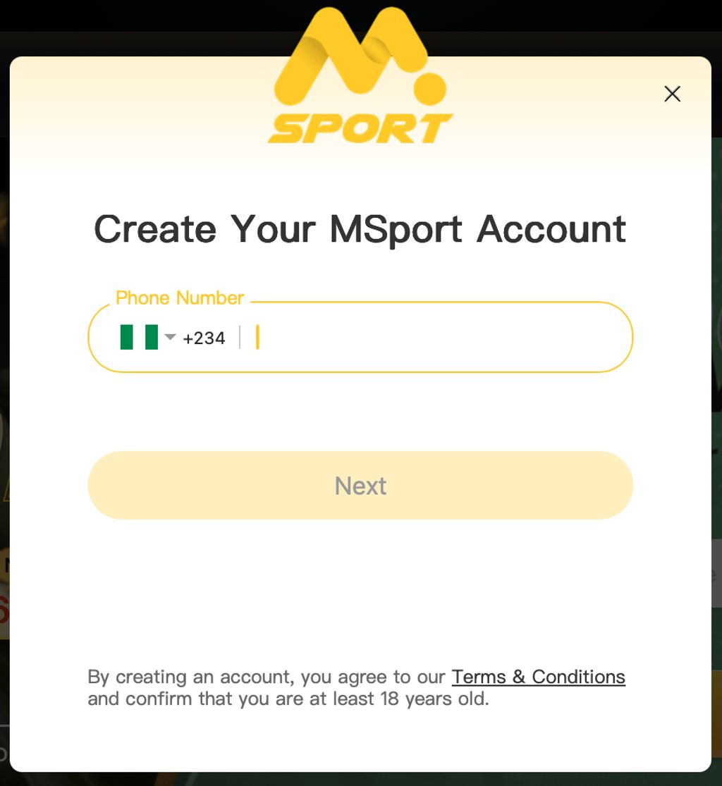MSport sign-up window using Nigerian phone-number registration.