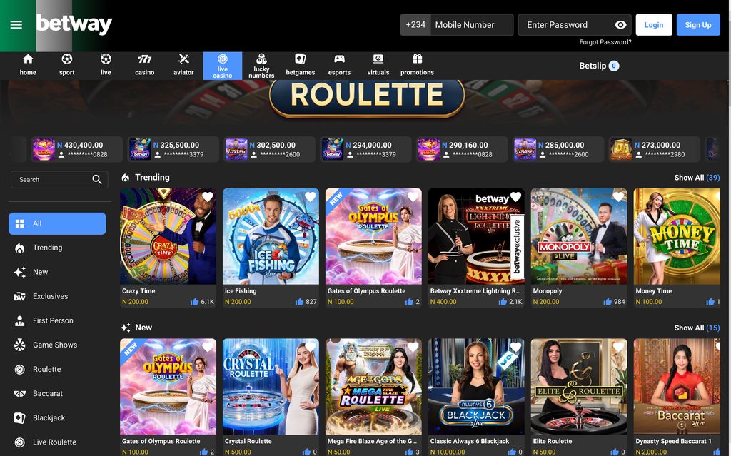 Betway live casino with roulette, blackjack and game shows