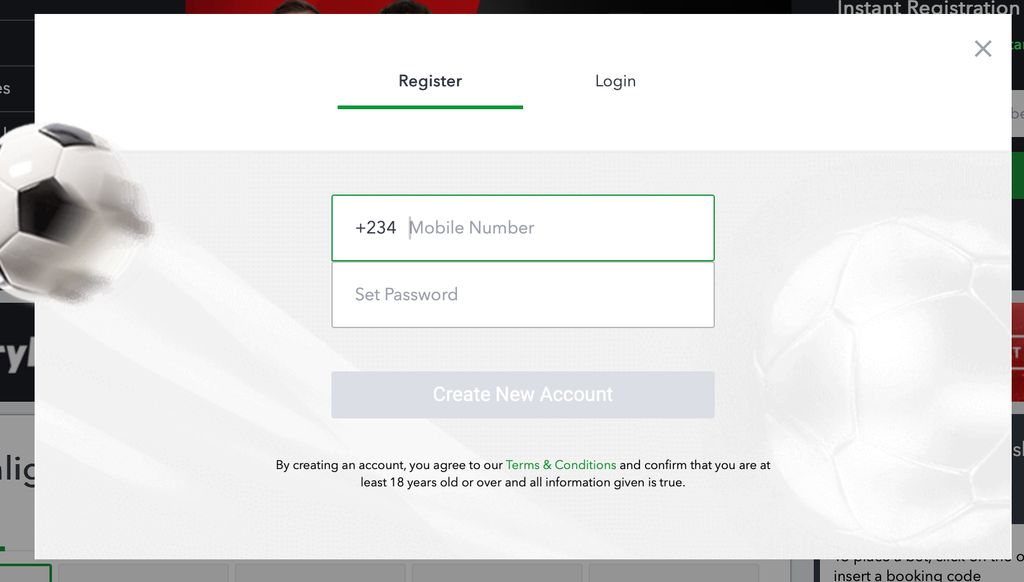 SportyBet registration window with mobile-number sign-up.