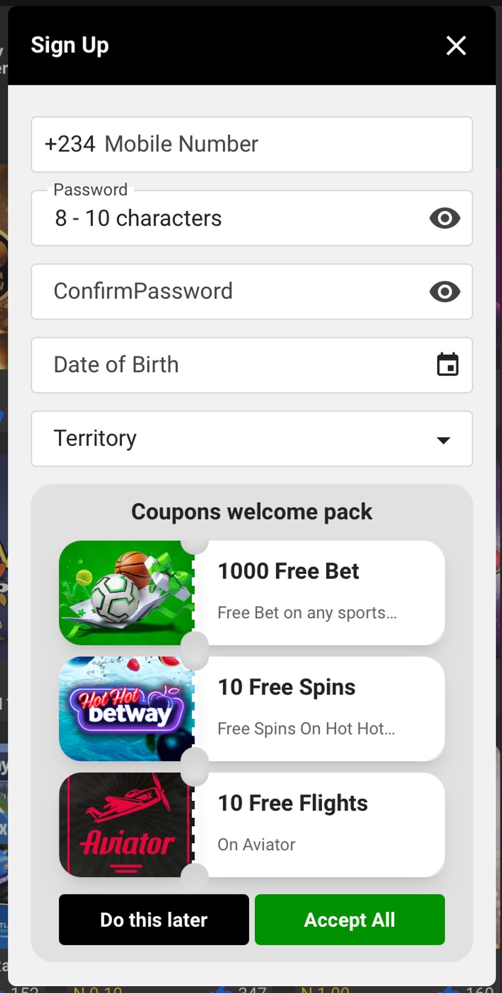 Betway welcome pack during registration