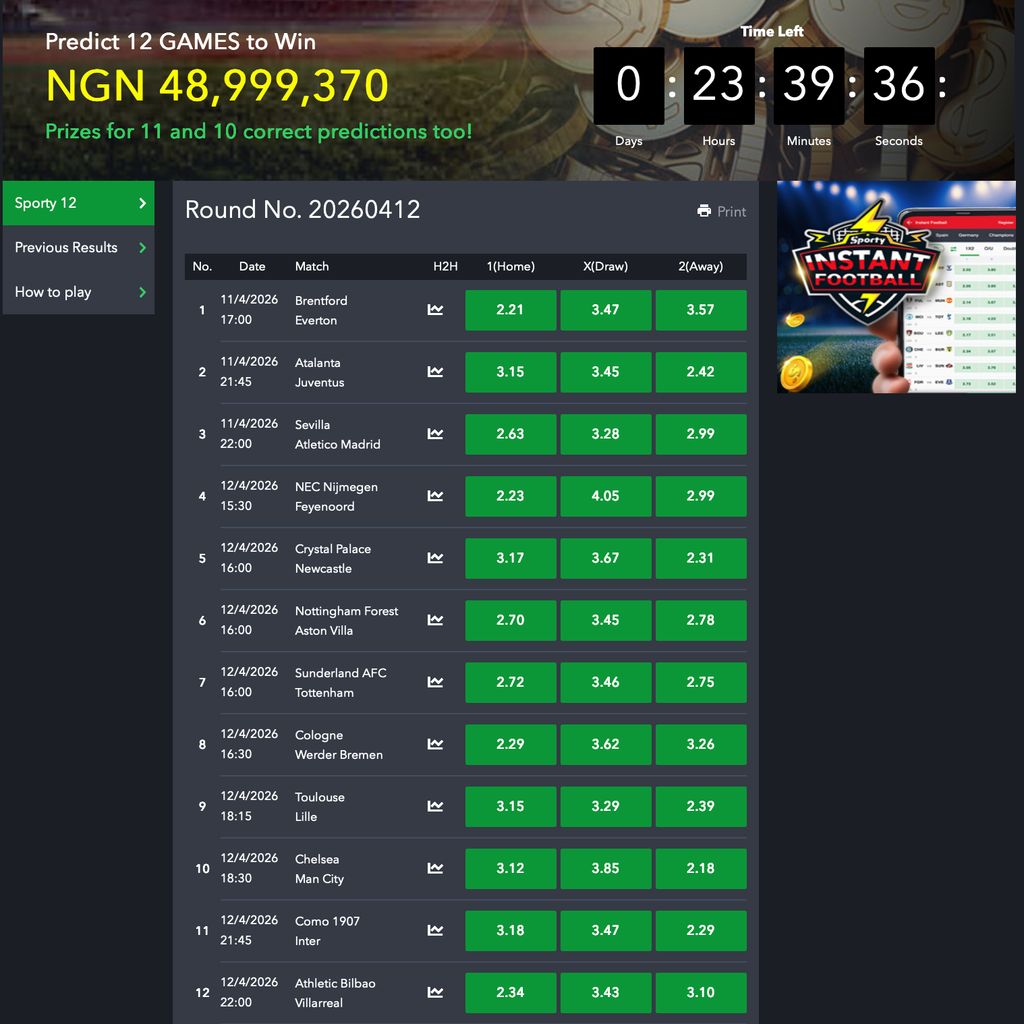 Sporty 12 jackpot page with 12-match picks and secondary prize tiers.