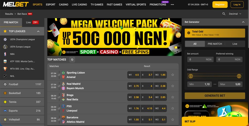 Sportsbook lobby with top leagues and bet generator.