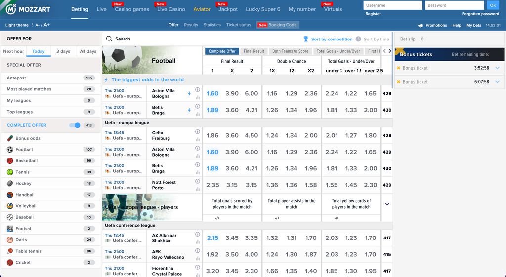 Sportsbook interface with upcoming Europa and Conference League fixtures