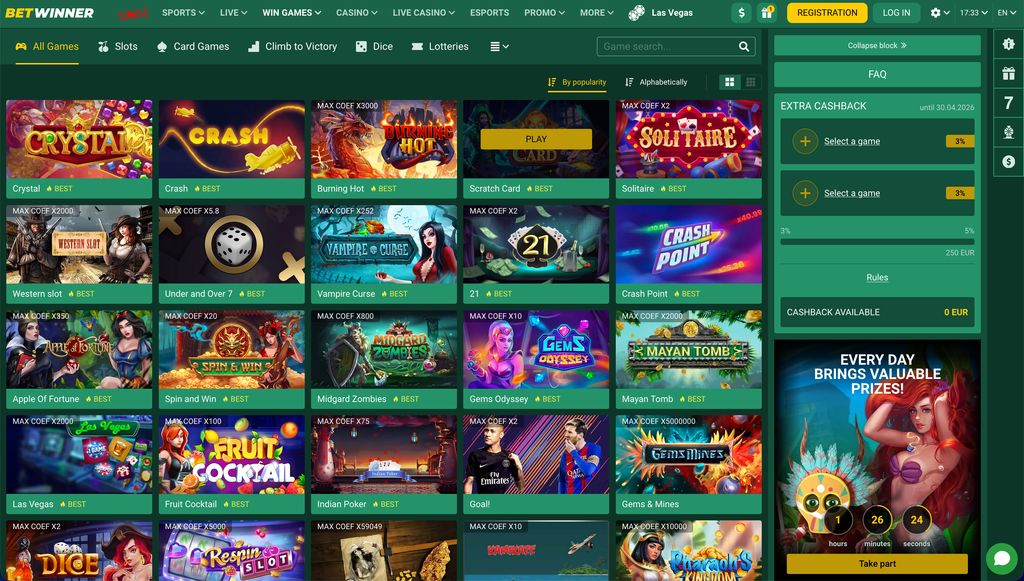 Win Games section with crash games, card games and instant titles