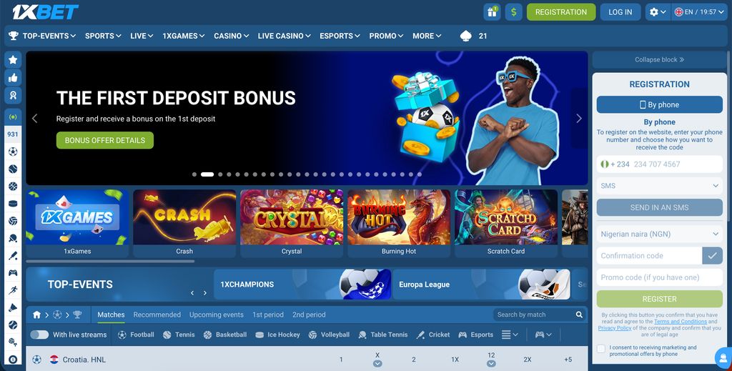 1xBet home page with sportsbook navigation and quick sign-up panel.