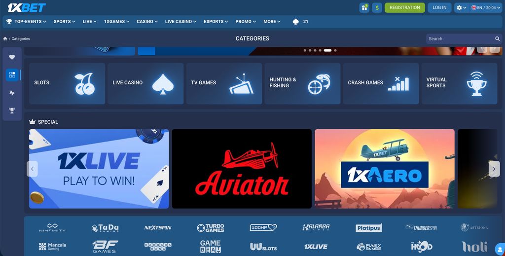 Main casino categories on 1xBet. 