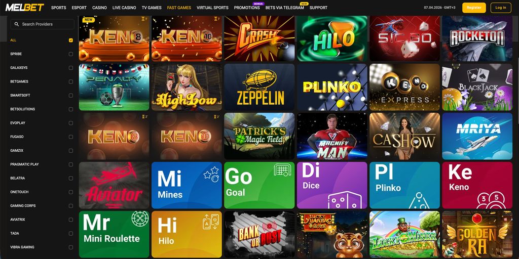 Fast games lobby with crash and instant-play titles. 